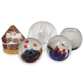 (5 Pc) Signed Art Glass Paperweights