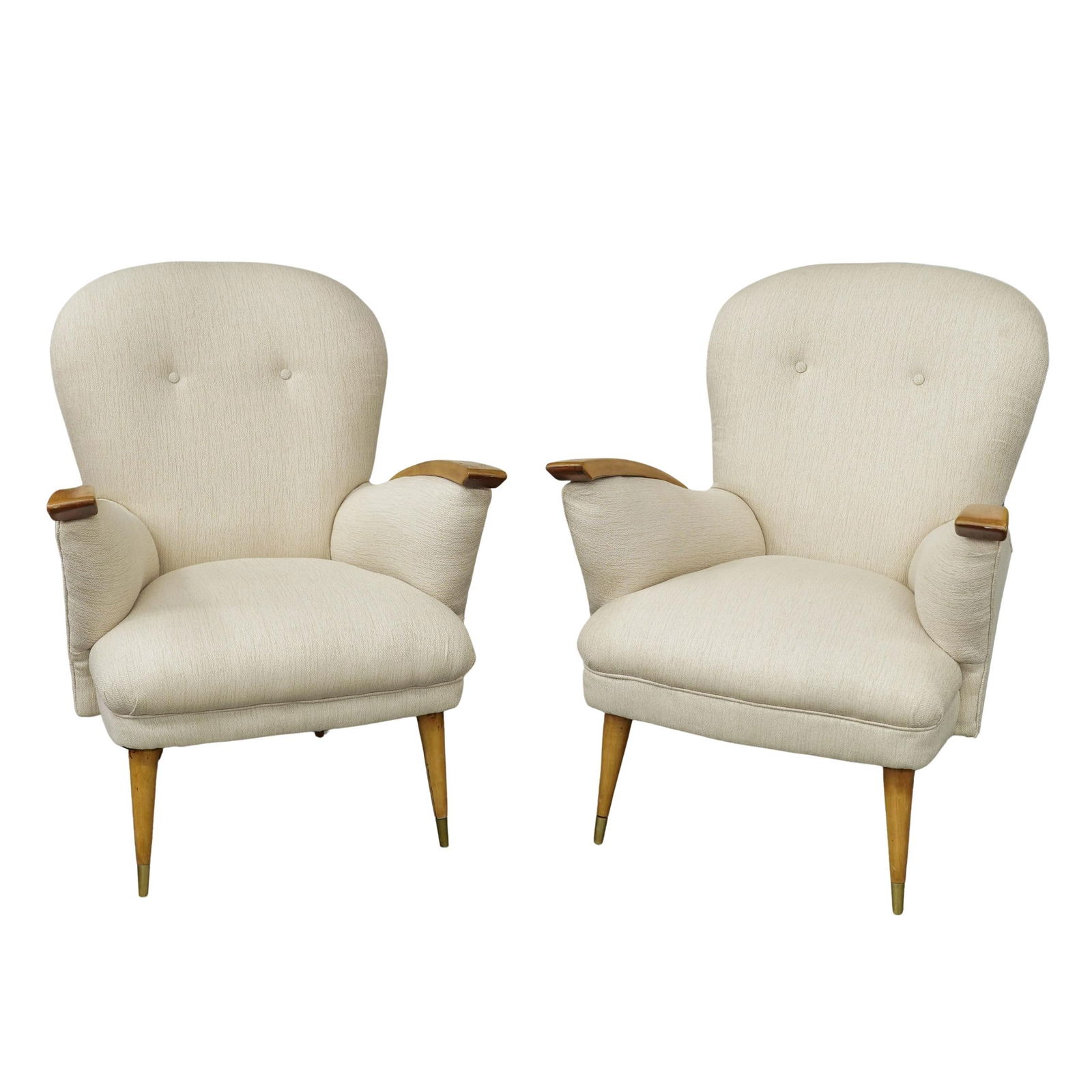 Vintage Jean Royere Style MCM Chairs: Vintage Jean Royere Style MCM ChairsMid 20th century, FrenchA pair of vintage mid-century modern arm chairs feature wood legs and arm rests with tufted back design.H 34.5" Depth 23" W 26.5" Seat depth