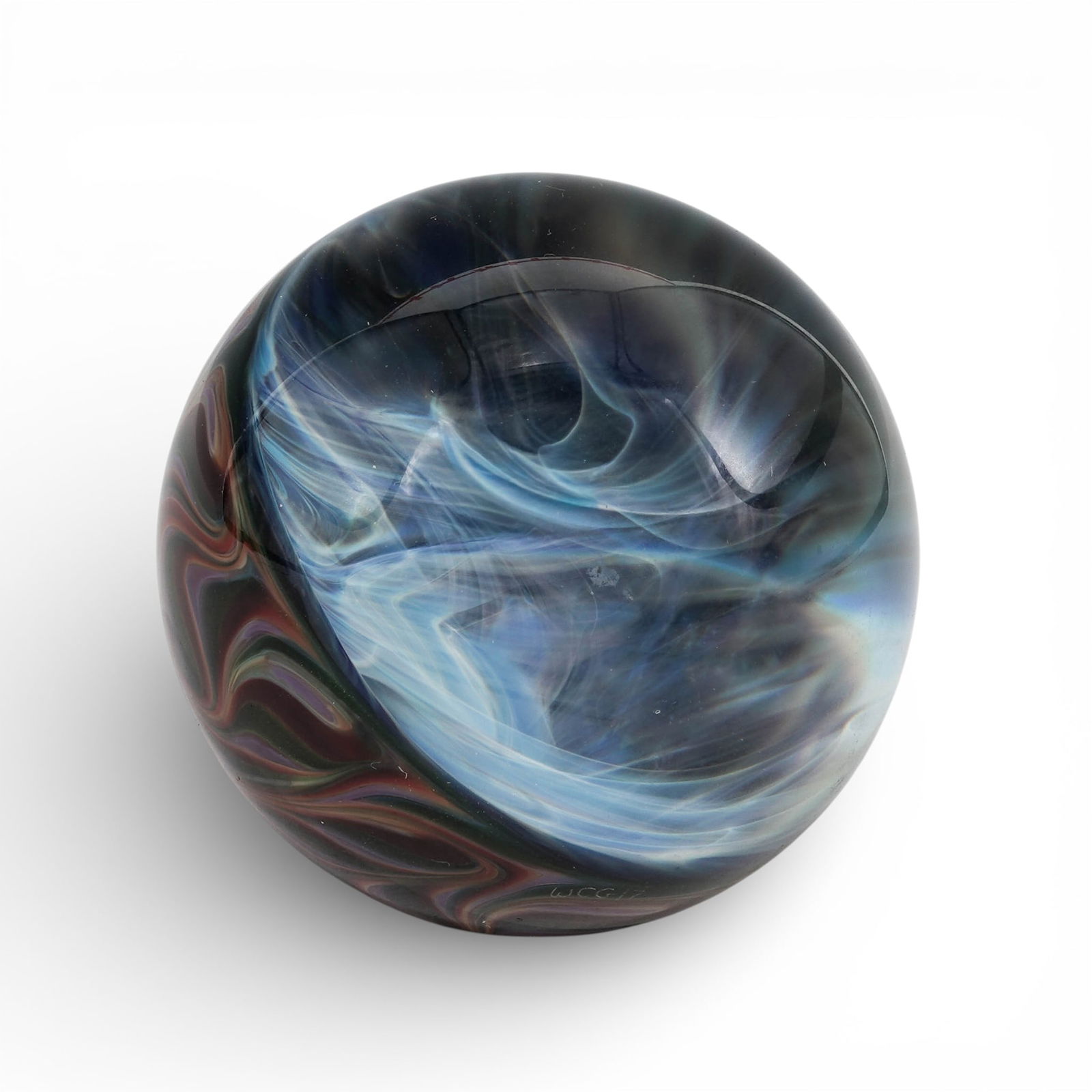 Willow Creek Glass Paperweight Sphere: Willow Creek Glass Paperweight Sphere2017, USAA handmade art glass paperweight sphere Willow Creek Glass produced by the now closed Willow Creek Glass Company, founded by Cliff Rock and Claudia Rexroa