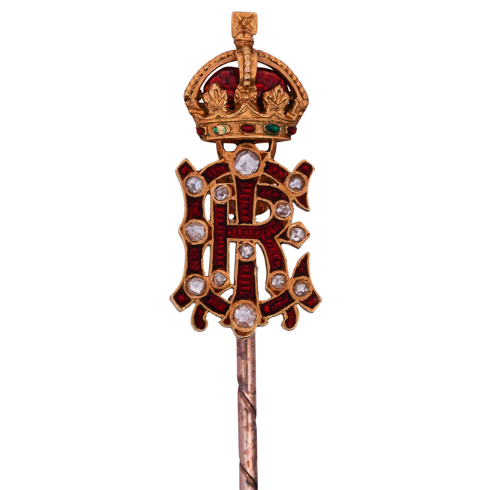 King Edward VII 18k Gold, Enamel & Diamond Stickpin: King Edward VII 18k Gold, Enamel & Diamond StickpinEdward VII 18k gold stickpin with red enamel, rose cut diamonds, and old paste stones. Stamped: '18k'(Total Weight: 3.1 Dwt.)Provenance:(Part of The