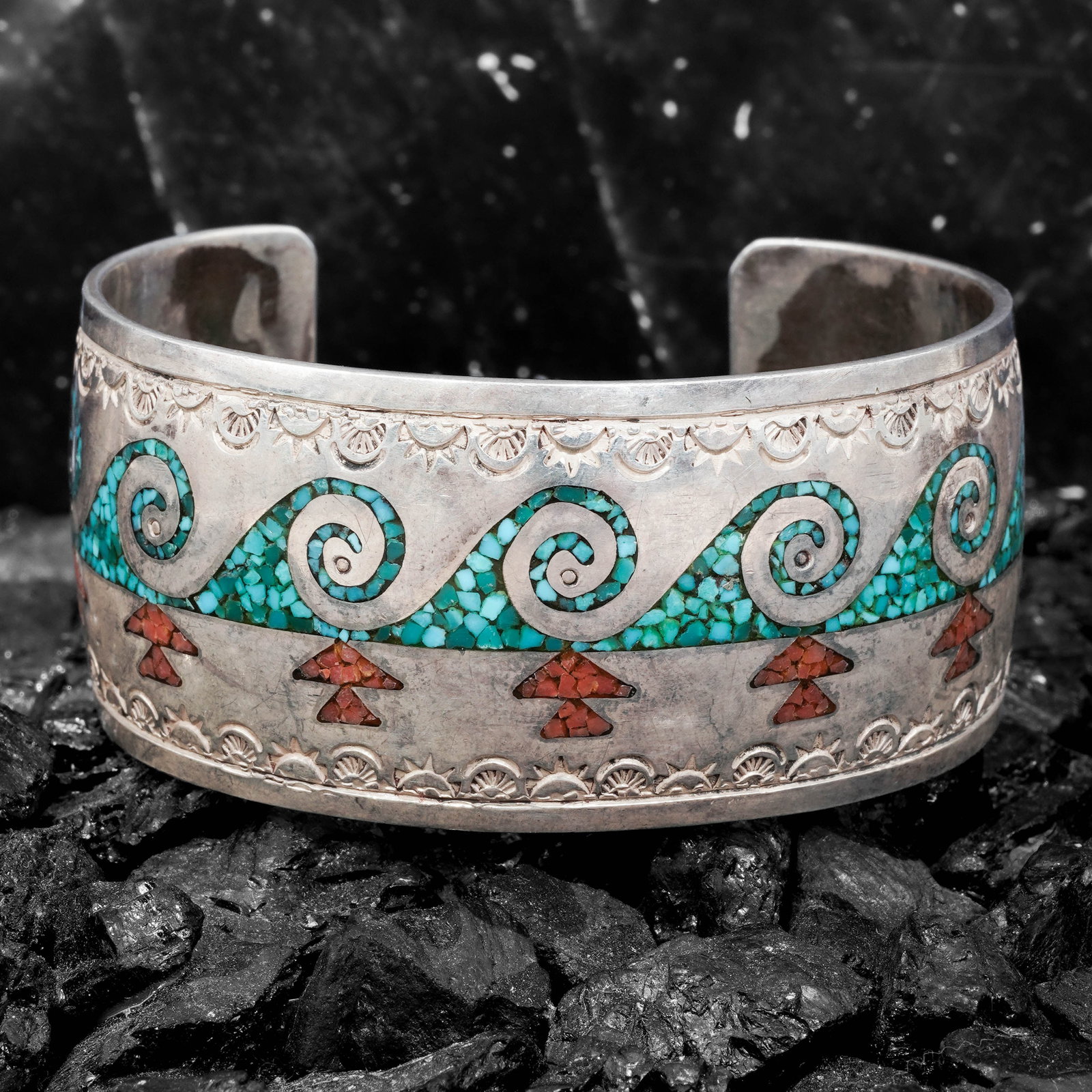 Vintage Navajo Sterling Silver Turquoise & Coral Inlay Cuff Bracelet (1 of 7)