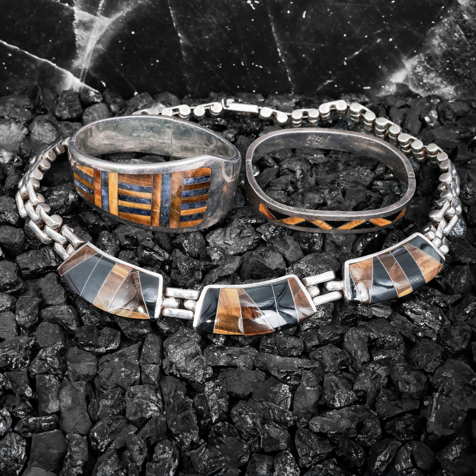(3 Pcs) Vintage Mexican Sterling Silver Inlay Necklace and Two Bracelets, Signed: (3 Pcs) Vintage Mexican Sterling Silver Inlay Necklace and Two Bracelets, SignedLate 20th century, MexicanGroup of three Mexican sterling silver jewelry pieces consisting of one necklace and two brace