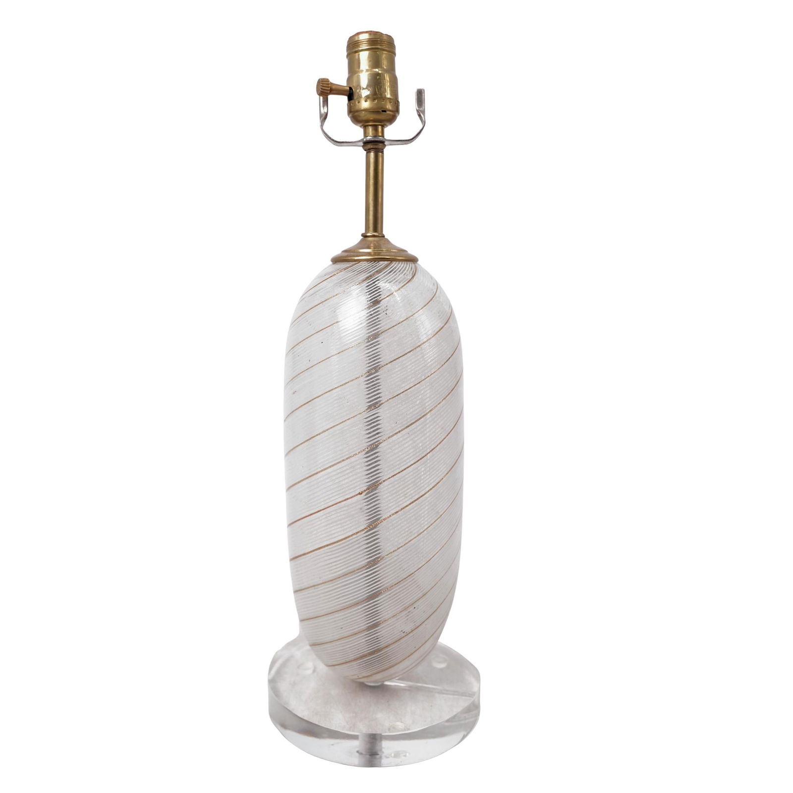 Mid Century Murano Glass and Lucite Table Lamp: Mid Century Murano Glass and Lucite Table Lamp Mid 20th century, Italian A mid century modern Murano glass lamp with a white and gilt spiral design affixed to a lucite base. Electrified. H 18" x Base