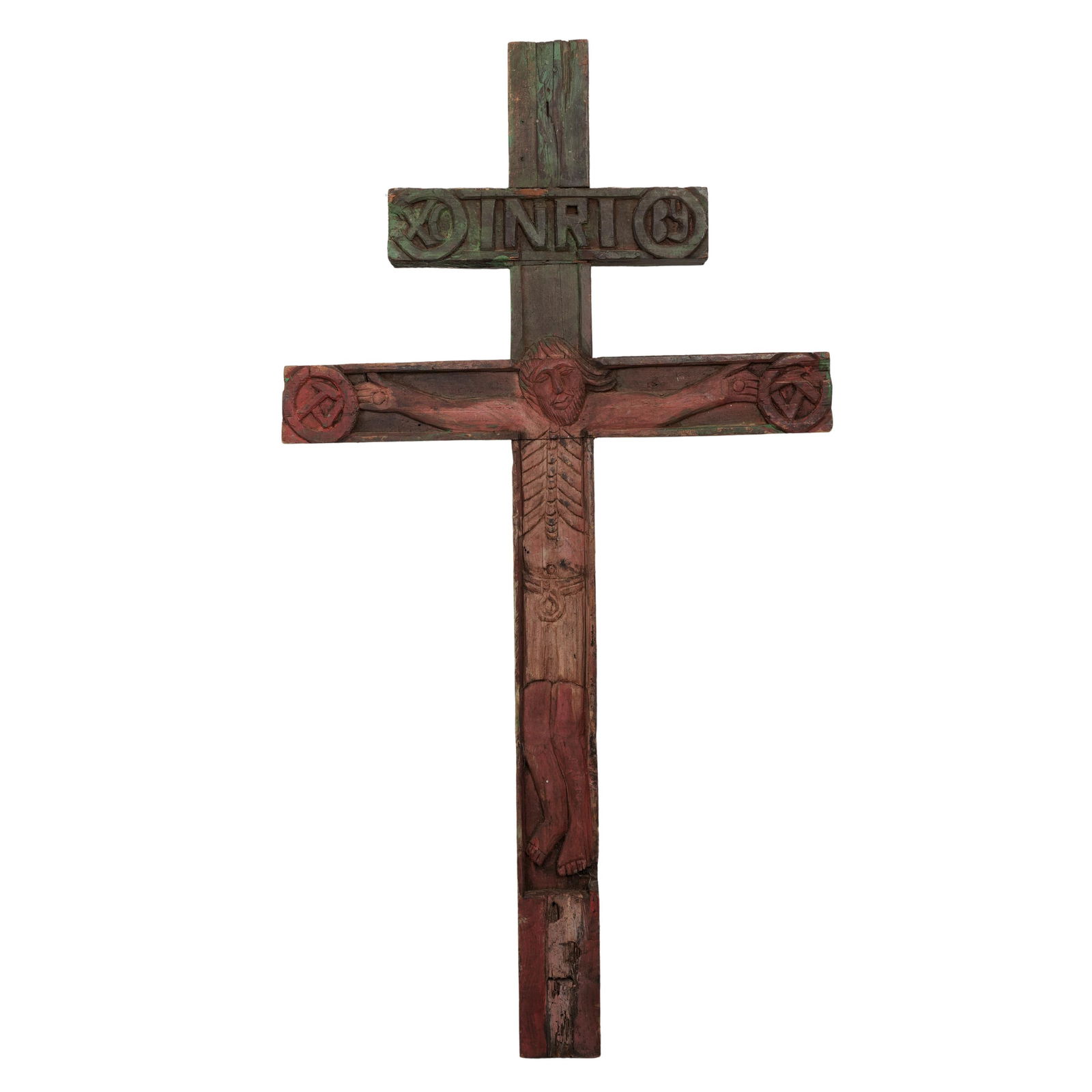 Large 18th Century Hand Carved Folk Art Crucifix: Large 18th Century Hand Carved Folk Art Crucifix 18th century This is a large, hand-carved wooden crucifix featuring an expressive folk-art style figure of Jesus Christ mounted on the cross. 18th