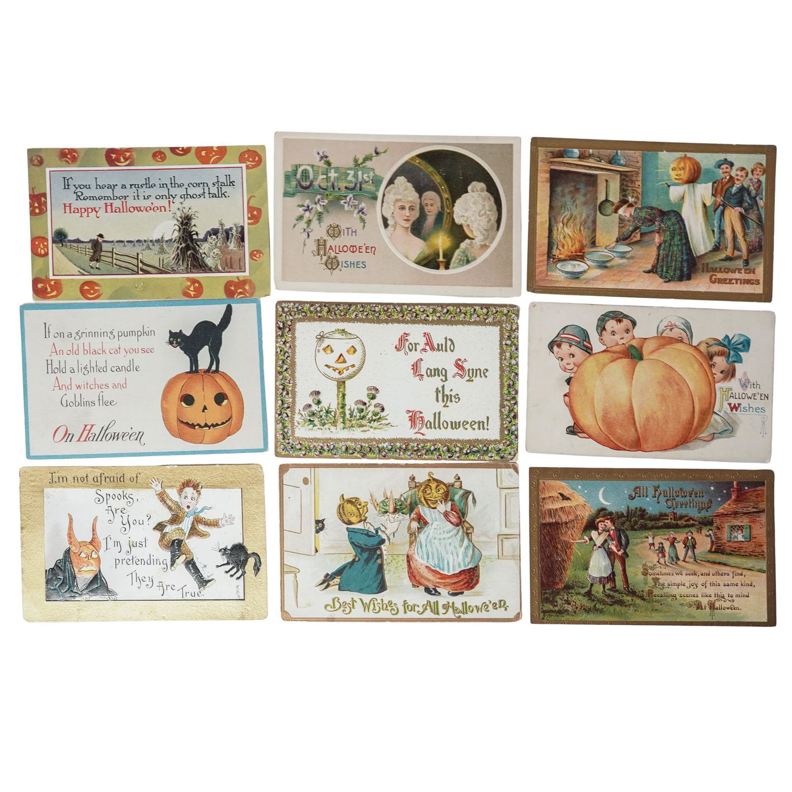 (9 pcs) Antique "Golden Era" Halloween Postcards: (9 pcs) Antique "Golden Era" Halloween Postcards Early 20th century, German, American A set of nine Halloween postcards from the early 20th century. As the October 31st Halloween festival began to