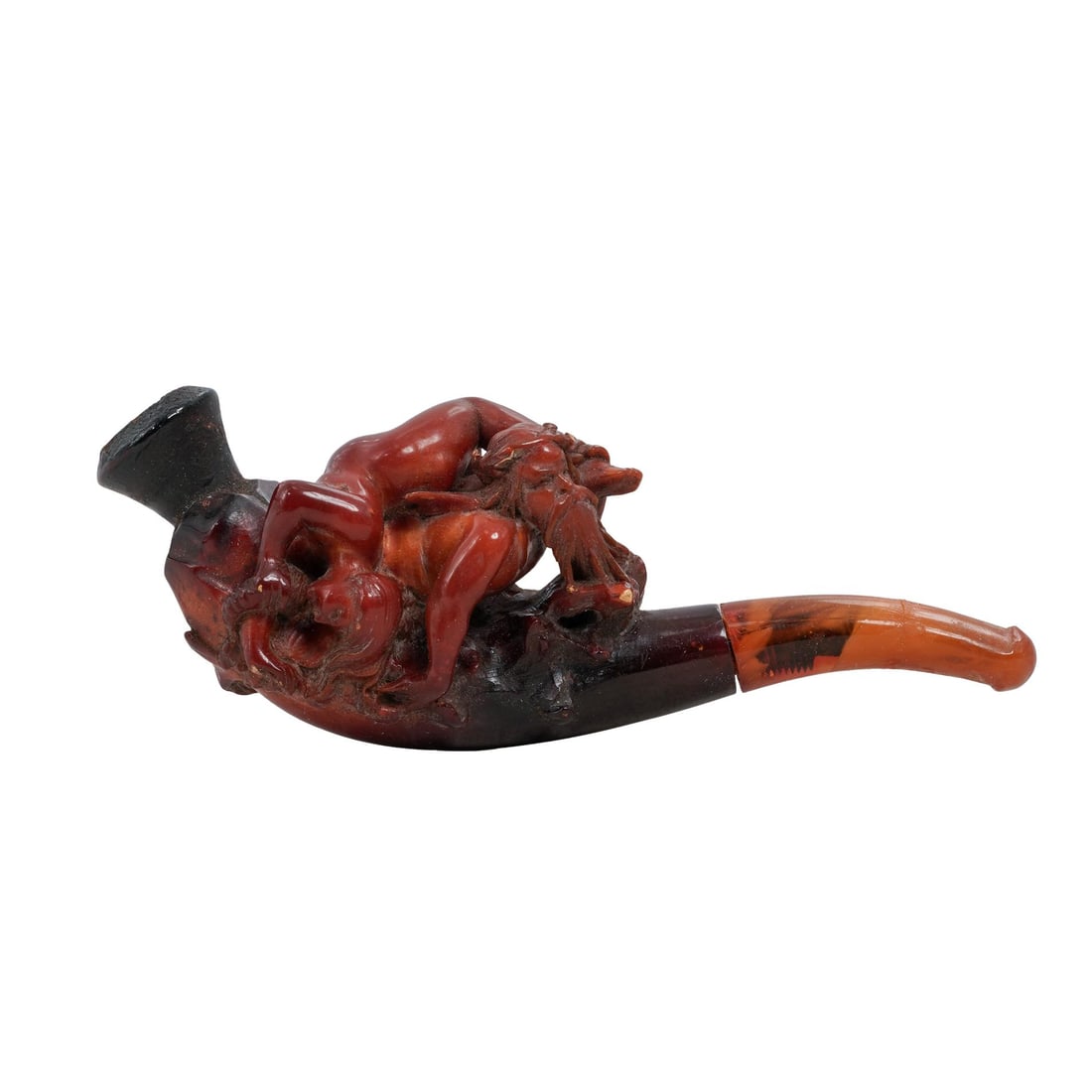 Austrian Meerschaum Carved Poseidon & Demeter Pipe: Austrian Meerschaum Carved Poseidon & Demeter Pipe 20th century, Austrian A vintage Austrian meerschaum pipe with carved Poseidon and Demeter detail. Includes case marked in gilt "Guaranteed real