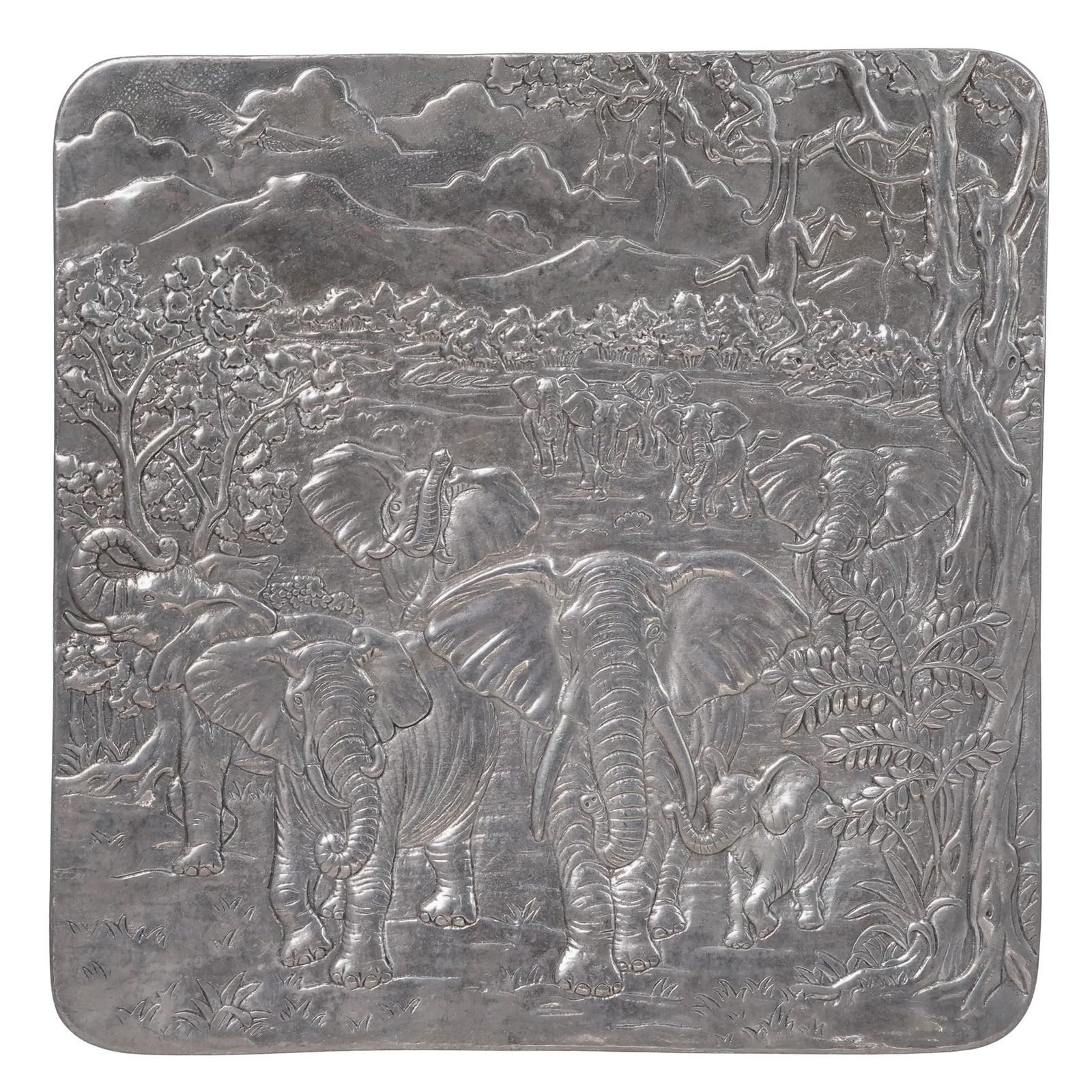 Arthur Court Aluminum Elephant Tray: Arthur Court Aluminum Elephant Tray 1993, USA It features a detailed, embossed design depicting a herd of elephants in a jungle setting. It functions as both a decorative piece and a serving platter