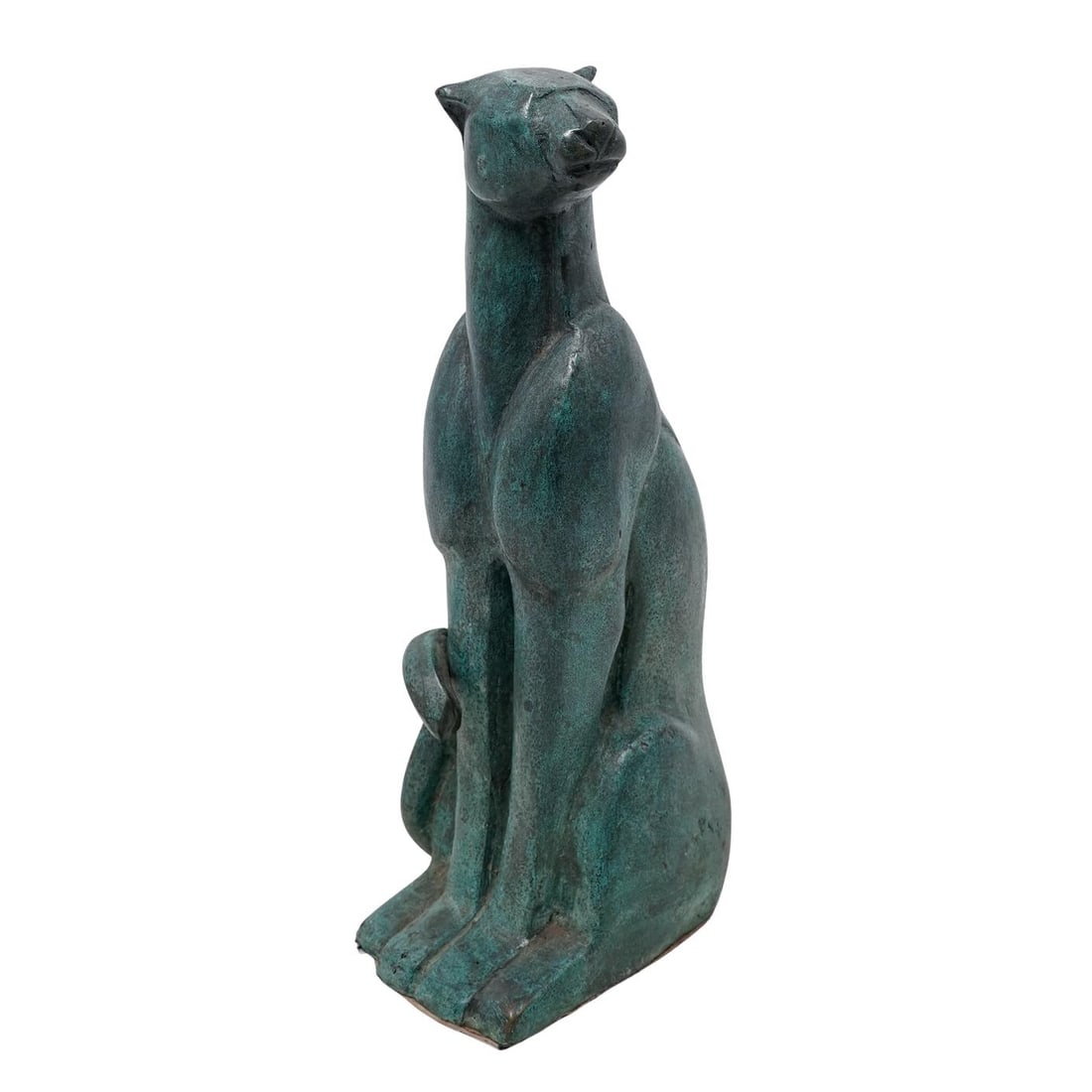 Art Deco Revival Cat Sculpture: Art Deco Revival Cat Sculpture Mid-20th century Large Art Deco Revival Cat Sculpture depicts a seated feline, reminiscent of the ancient Egyptian cat goddess Bastet. The piece has a green patina,