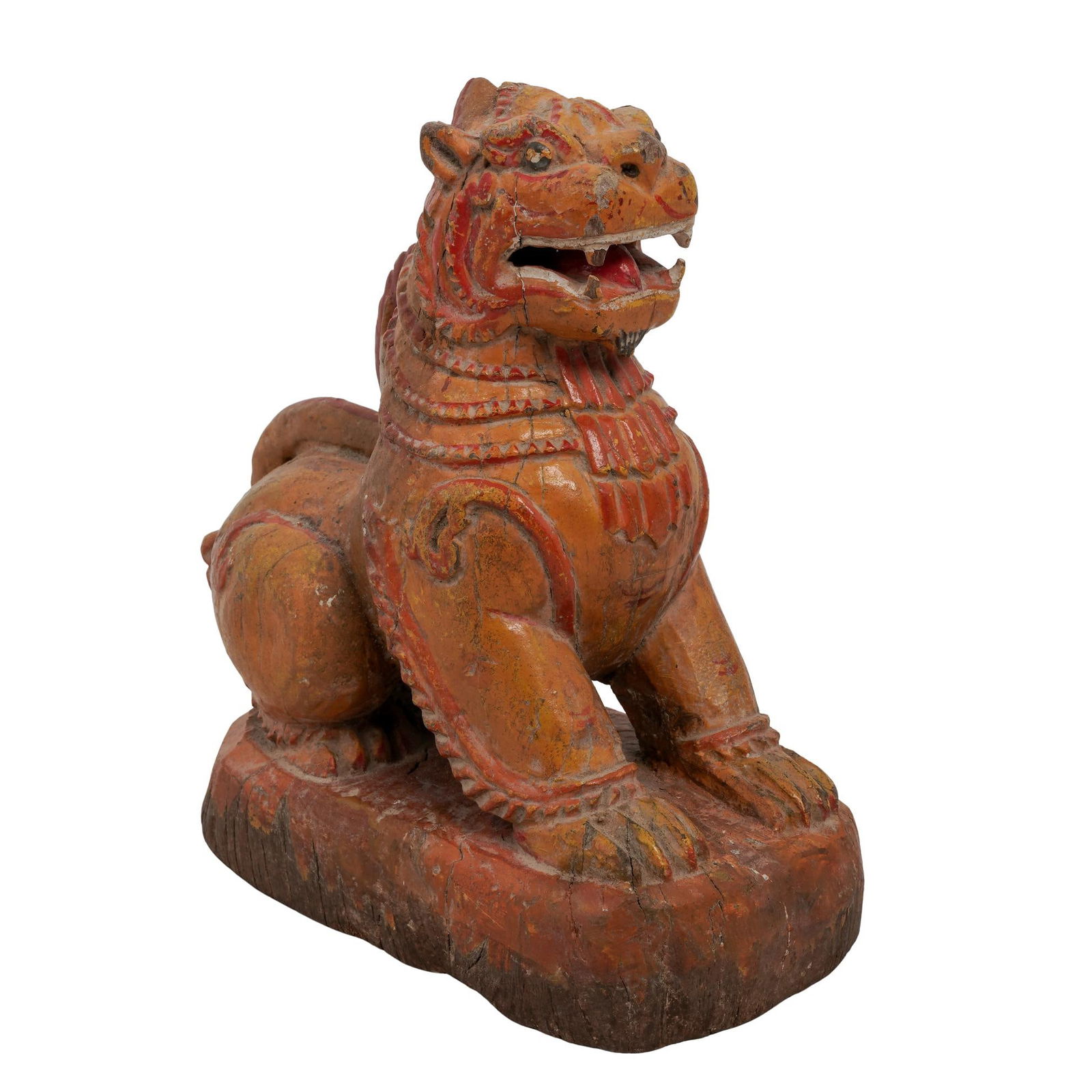 Antique Southeast Asian Carved Wooden Foo Dog: Antique Southeast Asian Carved Wooden Foo Dog 19th century possibly older, Southeast Asian An antique Southeast Asian carved wood Foo dog. Polychrome painted detail. H 6.25" x W 2.75" x L 5.25"
