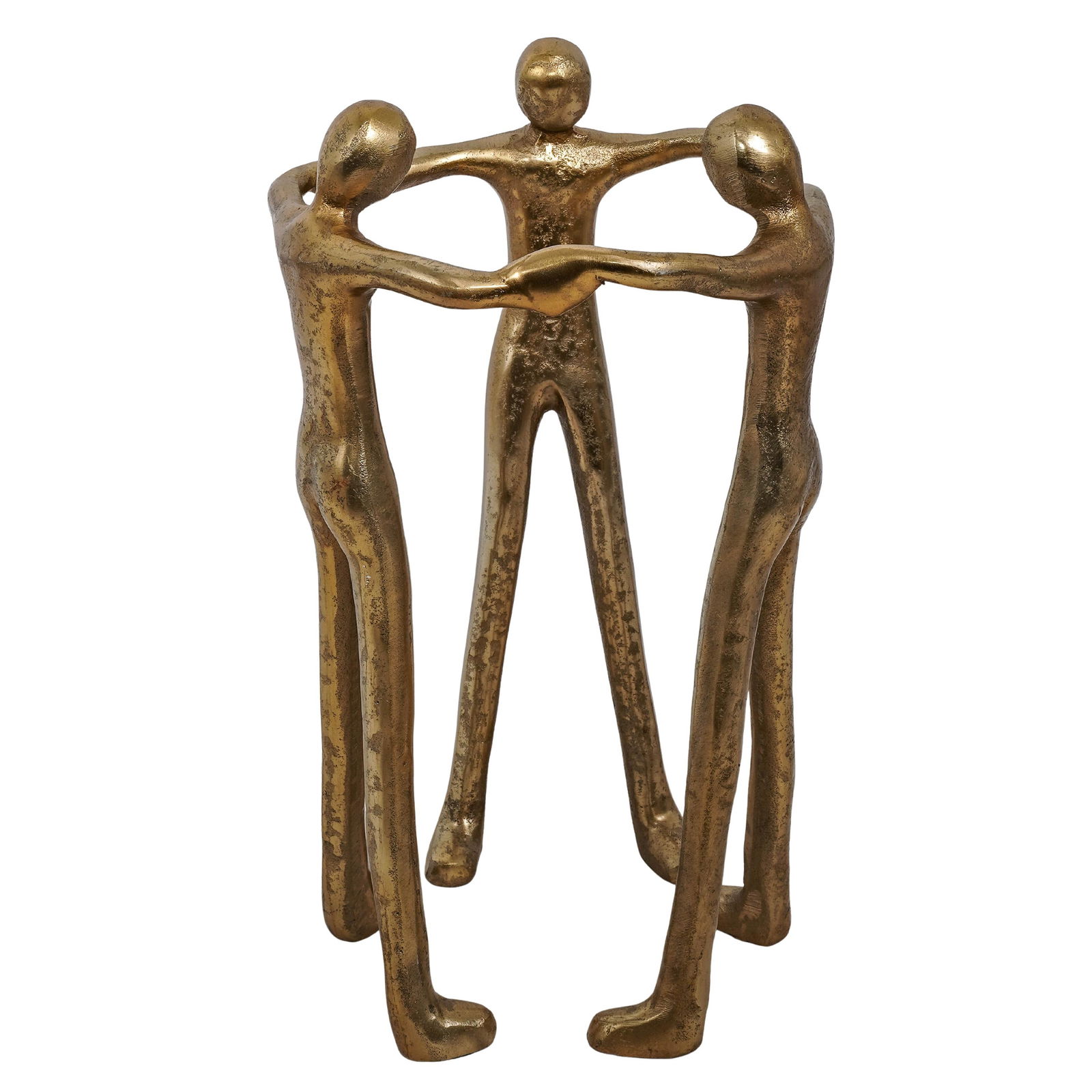 Modernist Mixed Metal Sculpture/Stand: Modernist Mixed Metal Sculpture/Stand 21st c. Modernist sculpture depicting three human figures joined in a circle. It is crafted from aluminum with a gold-painted finish. H: 14.25" Dia: 8.5"