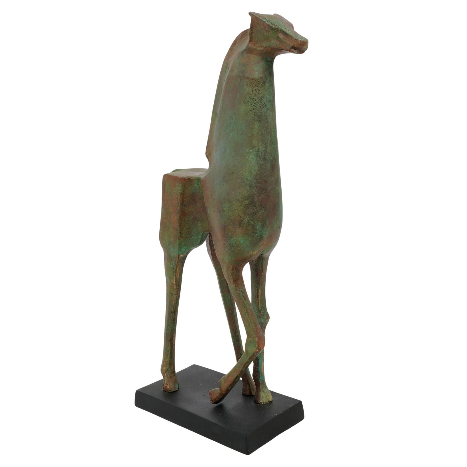 Art Deco Style Mixed Metal Horse Figure: Art Deco Style Mixed Metal Horse Figure 21st Cent., Chinese Art Deco style figure, crafted from aluminum with a bronze-hued patina finish.The figure features a modern, abstract design, characterized