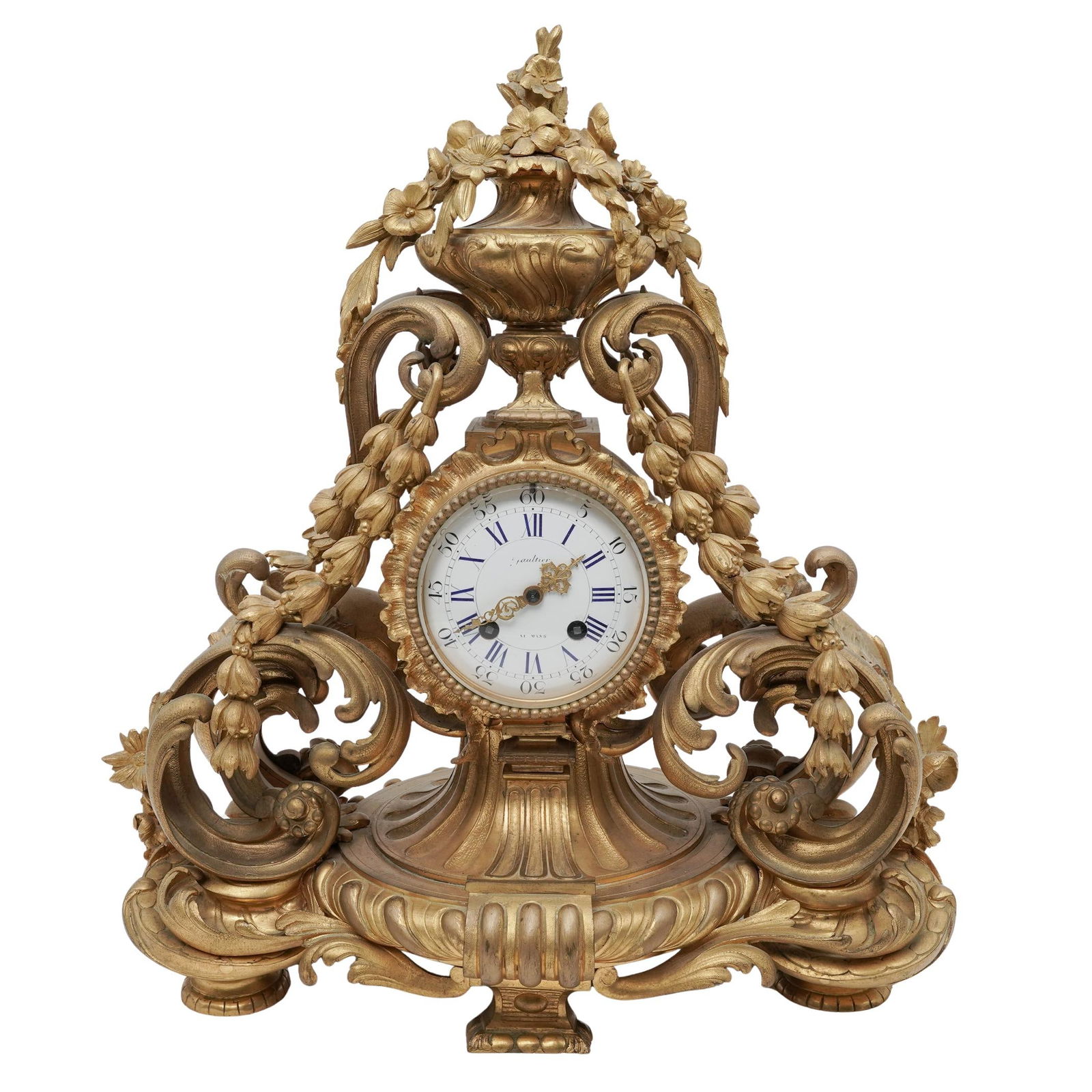 Antique Louis XV Rococo Style Ormolu Bronze Mantle Clock