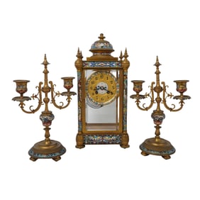 Antique French Japy Freres Gilt Bronze and Champlevé Enamel Garniture Set