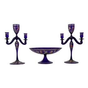 (3pc) Salviati Enameled Murano Hand Blown Blue Glass Group