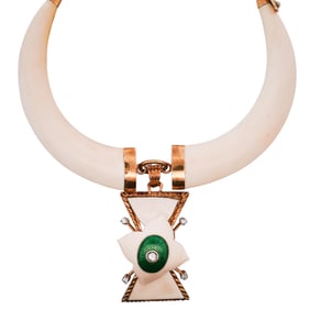 Italian 18k Gold Carved Bone Diamond & Enamel Necklace