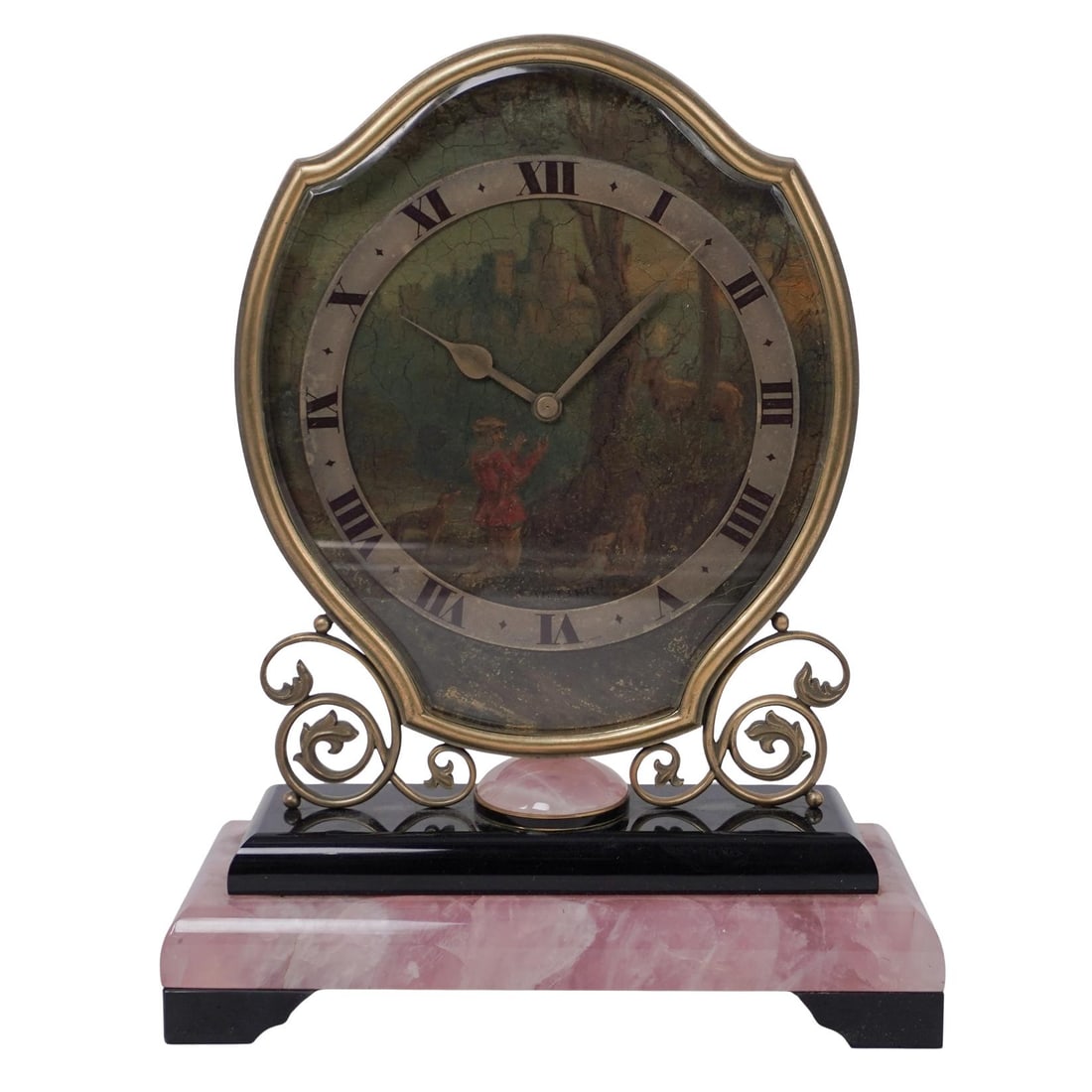 Antique Bittmann St. Moritz Chevron Swiss Mantel Clock: Antique Bittmann St. Moritz Chevron Swiss Mantel Clock20th c., SwissAntique bronze 8-jewel Swiss movement mantle clock featuring a painted face depicting a man and woman in a forest surrounded by two