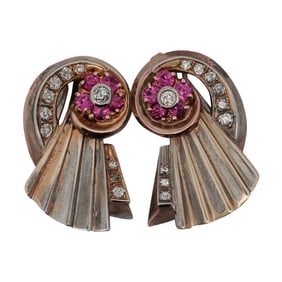 Art Deco 14k Gold Ruby & Diamond Earrings