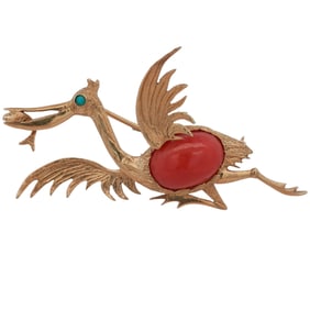 Vintage 18k Gold & Coral Crane Brooch