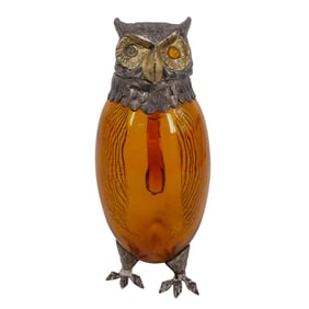 Antique Cartier Style Silver-plated & Amber Glass Owl Decanter