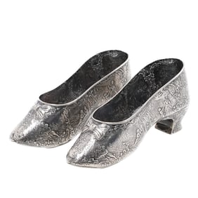 Antique Pair of English Sterling Silver Repousse Shoes