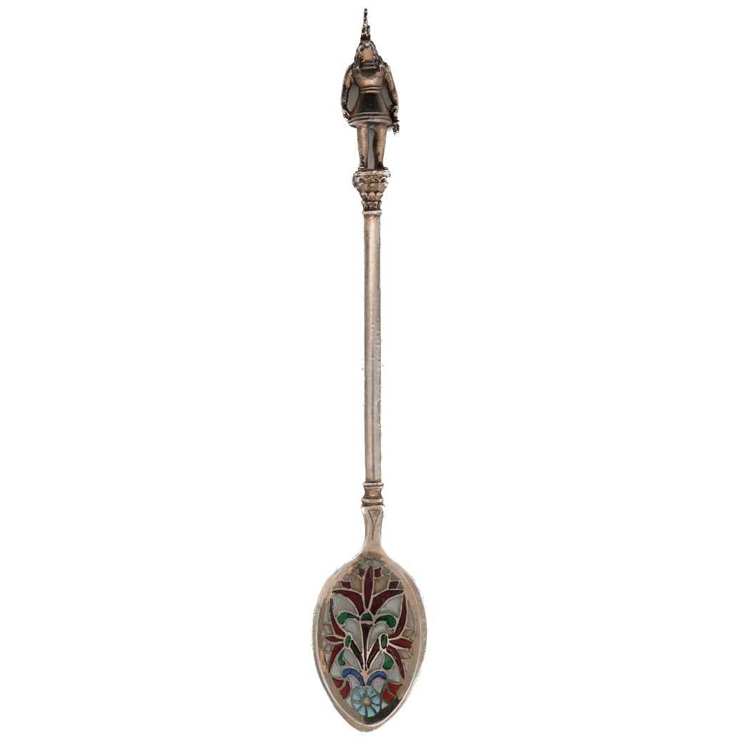 Antique Gilt Silver (935) Plique a Jour Egyptian Revival Spoon: Antique Gilt Silver (935) Egyptian Revival SpoonLate 19th early 20th Cent. AustriaDecorative "Egyptian Revival" spoon crafted in high purity 935 silver with gilt finish. The oval bowl features colorfu