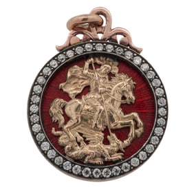 Antique Russian 14k Rose Gold Enamel & Diamond Pendant (Fredrik Kochli)