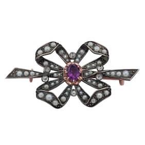 Imperial Era 14k Rose Gold Diamond Pearl & Amethyst Brooch