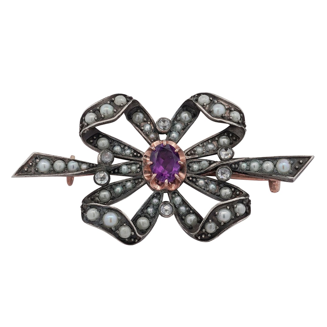 Imperial Era 14k Rose Gold Diamond Pearl & Amethyst Brooch (1 of 5)