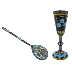 (2 Pc) Russian (Soviet Era) Enameled Silver Vodka Shot and Silver Spoon