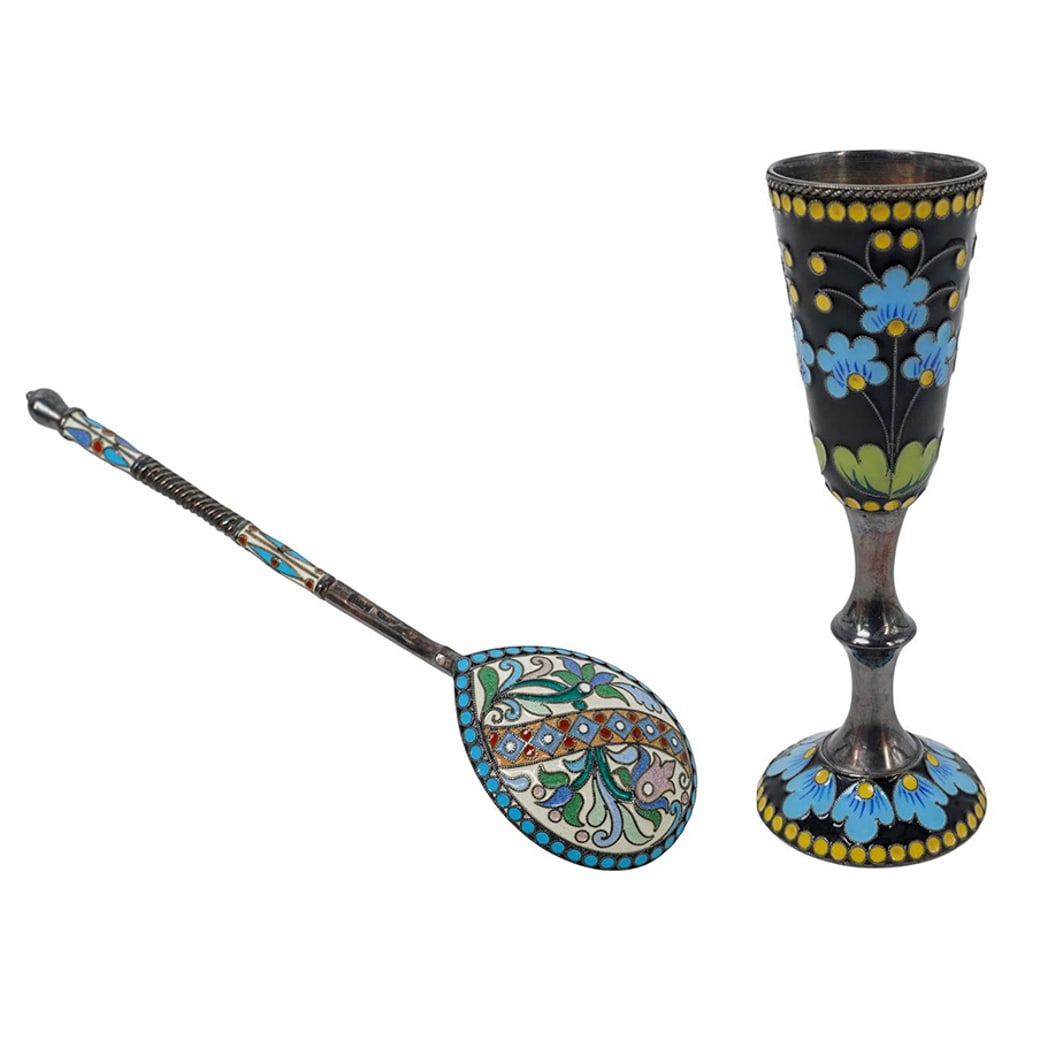 (2 Pc) Russian (Soviet Era) Enameled Silver Vodka Shot and Silver Spoon (1 of 13)