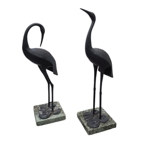 (2 pcs) Large Mixed Metal Crane Sculptures on Stone Bases