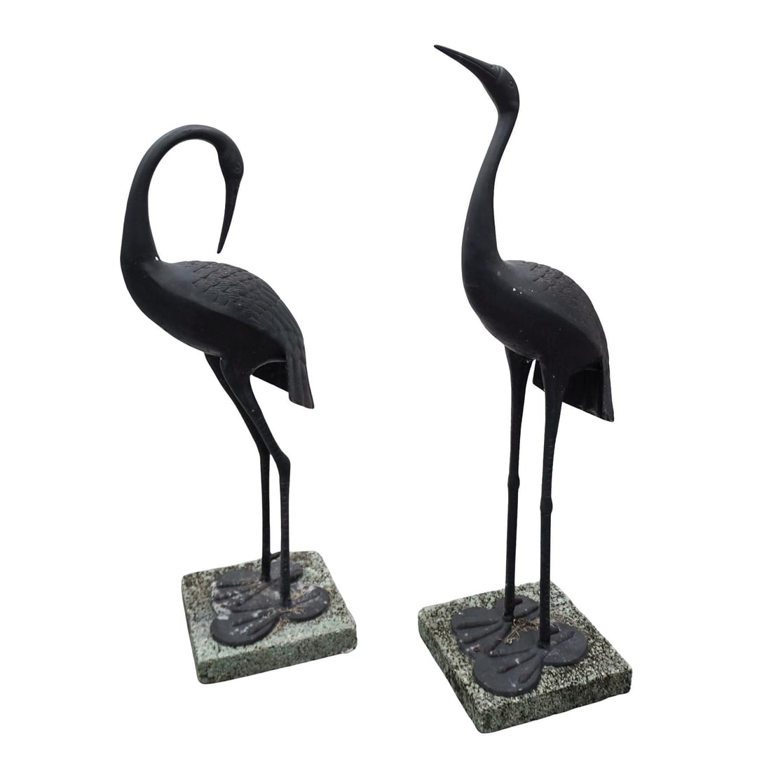 (2 pcs) Large Mixed Metal Crane Sculptures on Stone Bases (1 of 7)
