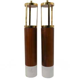Pair of Mid Century Modern Marble, Wood, and Brass Table Lamps