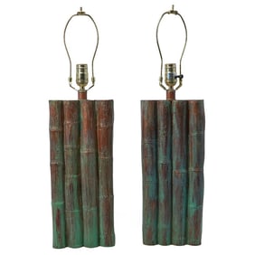 Pair of MCM Bamboo Motif Copper Table Lamps