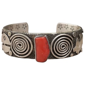 Navajo Alex Sanchez Sterling Silver & Coral Cuff