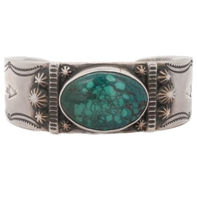 Native American Heavy Sterling Silver Turquoise Cuff