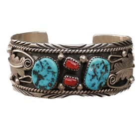 Native American GW Sterling Silver Coral & Turquoise Cuff