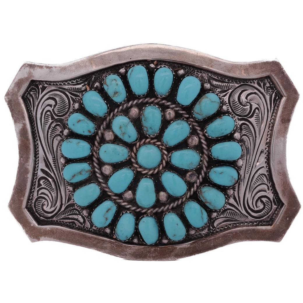 Signed Native American Sterling & Turquoise Belt Buckle (1 of 3)