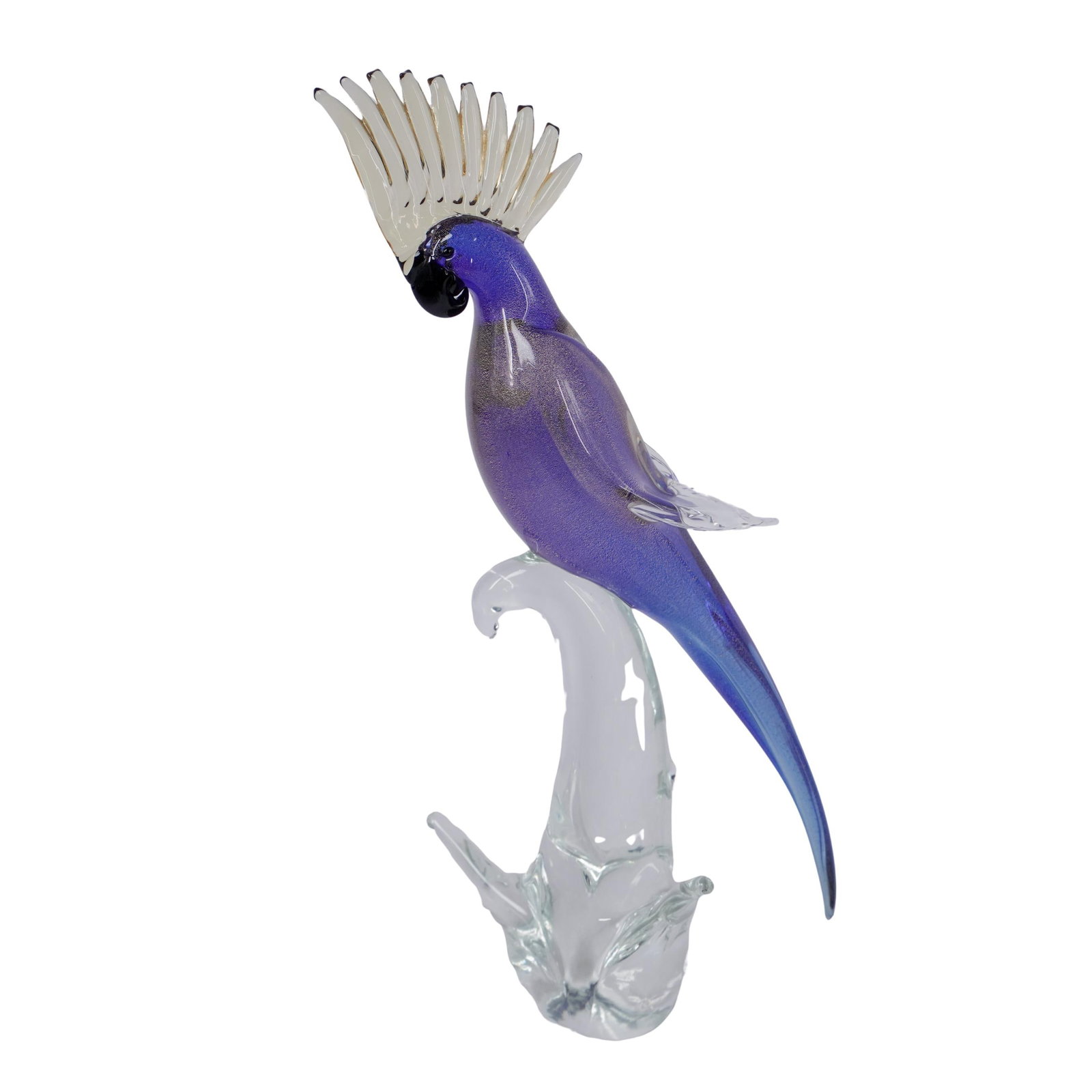 Vintage Large Murano Glass Cockatoo Sculpture: Vintage Large Murano Glass Cockatoo Sculpture 20th century, Italy Vintage Large Murano Art-glass Italy Cockatoo sculpture. Made of Clear Glass base with blue , purple ,black and gold-flecked body. Uns