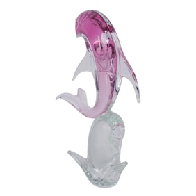 Large Marano Glass Dolphin Sculpture On Wave