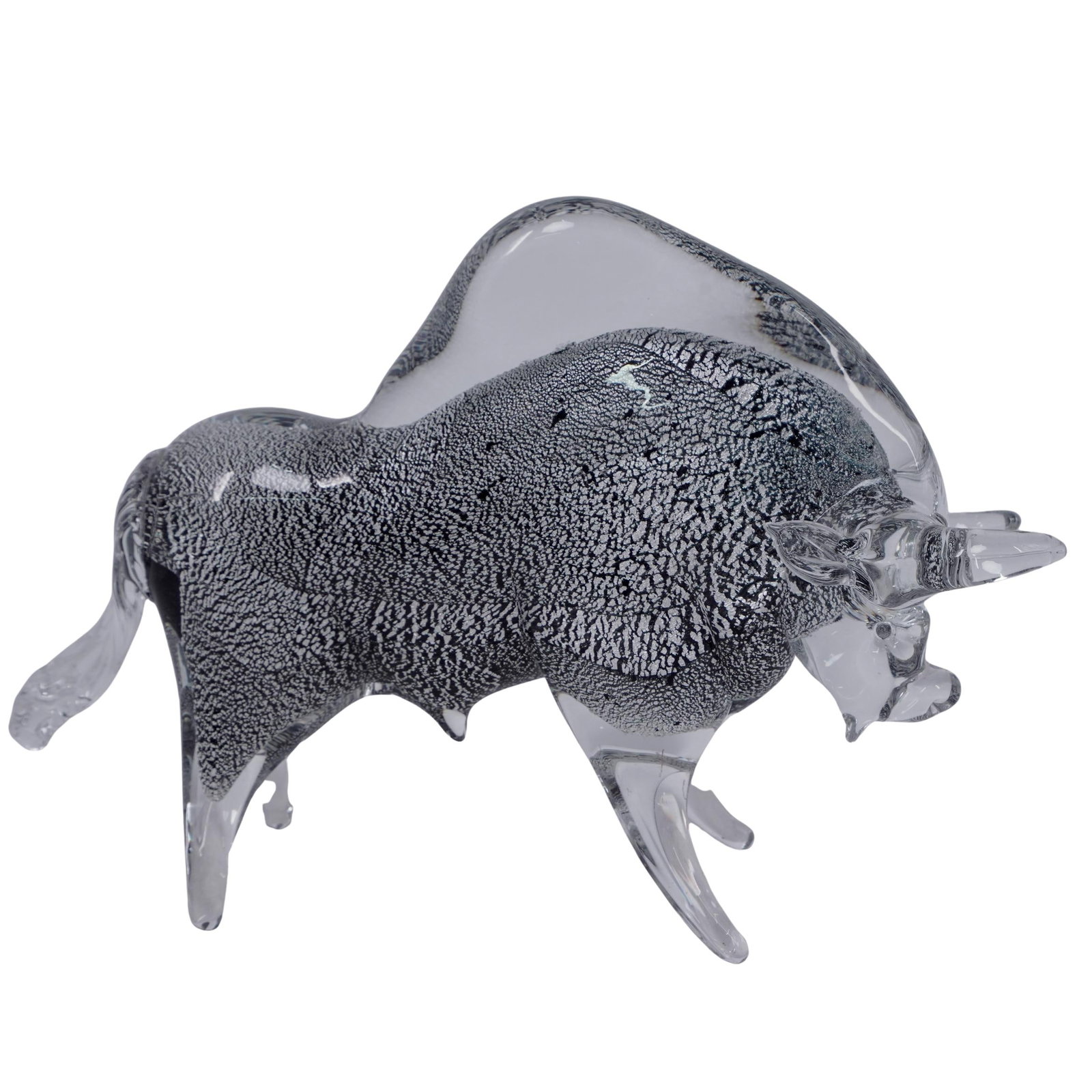 Vintage Murano Glass and Aventurine Bull: Vintage Murano Glass and Aventurine Bull Mid 20th Cent. Italy Murano glass sculpture of a bull , a type of art glass known for its intricate craftsmanship. The piece is clear glass with a silver or bl