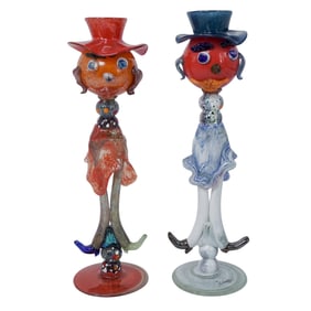 (2pc) Signed Vintage Murano Hand Blown Glass Clowns