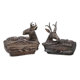Pair of Engraved South American Silver Deer Trinket Boxes