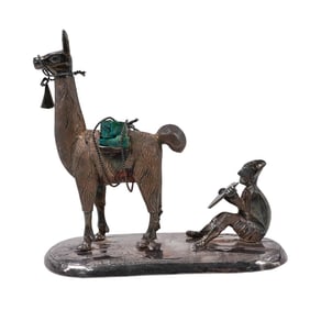 Peruvian Silver Llama and Musician Figure w/ Malachite