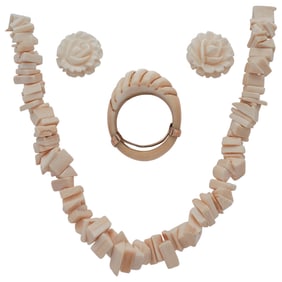 (3 Pc) Vintage 14k Gold and Carved Bone Jewelry Set