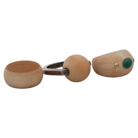 (3 Pc) Modernist Carved Bone Sterling and Gold Rings