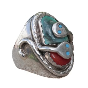 Effie Calavaza Zuni Sterling Silver Coral & Turquoise Ring