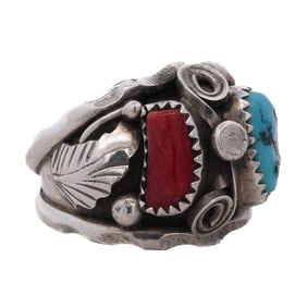 Navajo Max C. Sterling Silver Turquoise & Coral Ring