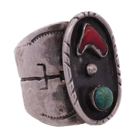 Navajo Old Pawn Silver Turquoise & Coral Ring