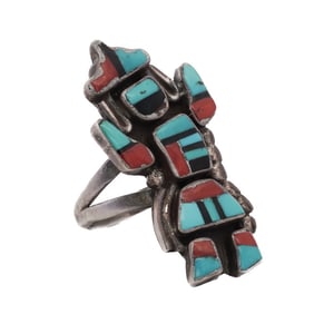 Zuni Sterling Silver Coral Turquoise & Onyx Ring